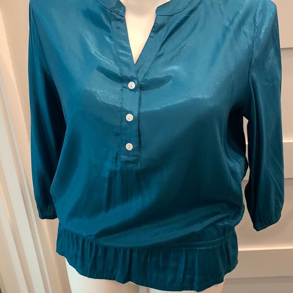 Chico’s Shimmering Teal Long Sleeve Peplum Blouse Size 2